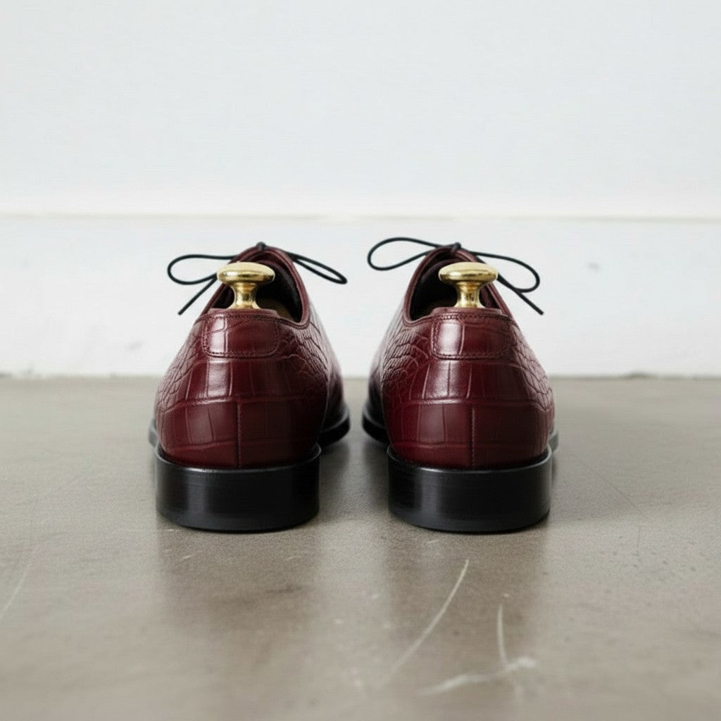Men's Burgundy Crocodile-Embossed Leather Oxfords