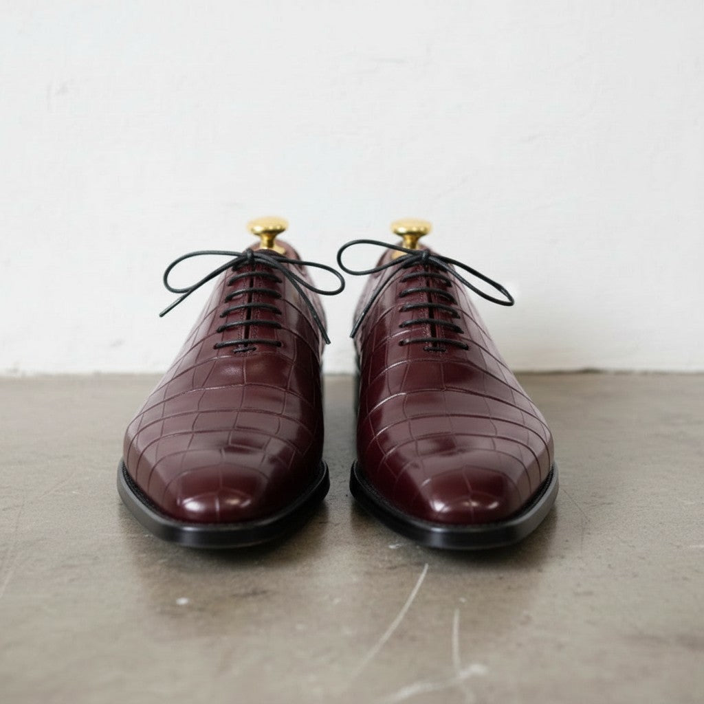 Men's Burgundy Crocodile-Embossed Leather Oxfords