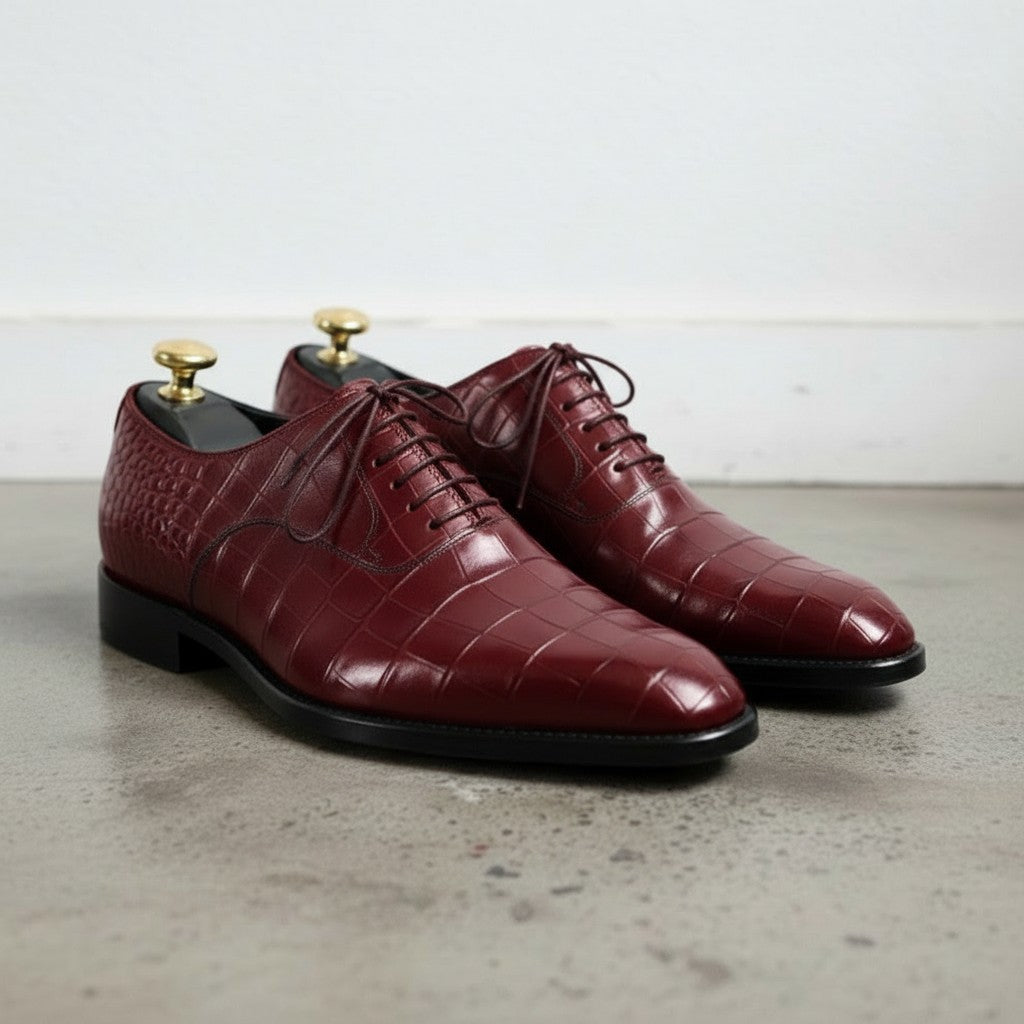 Men's Burgundy Crocodile-Embossed Leather Oxfords