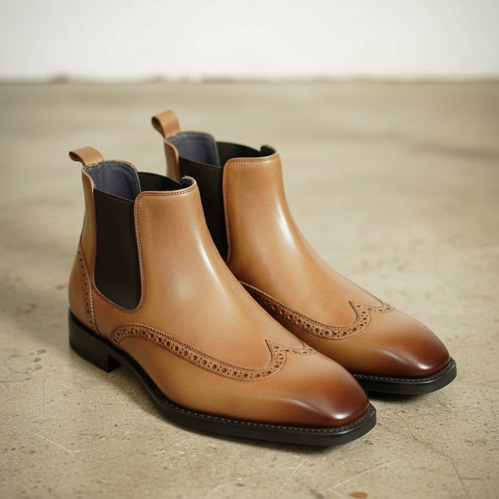 Men's Tan Wingtip Leather Chelsea Boots