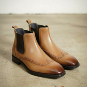 Men's Tan Wingtip Leather Chelsea Boots