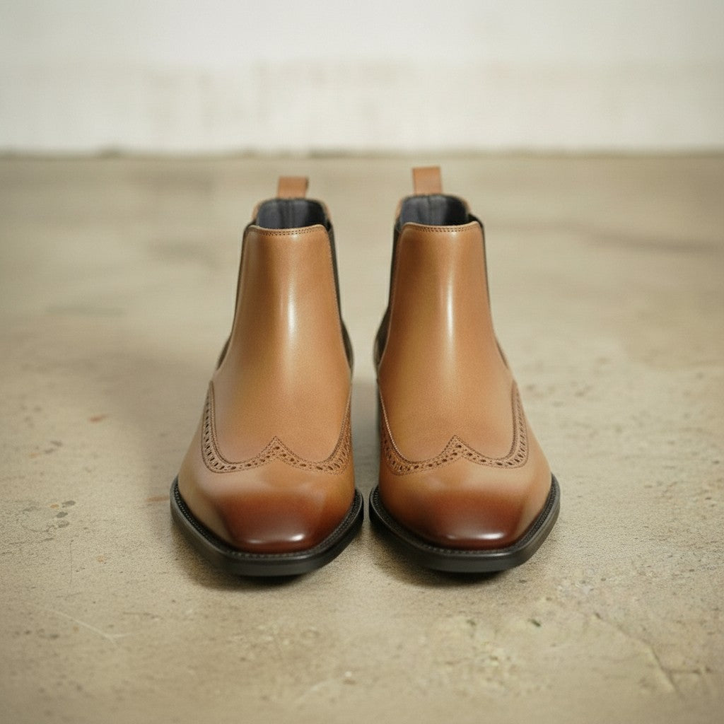 Men's Tan Wingtip Leather Chelsea Boots