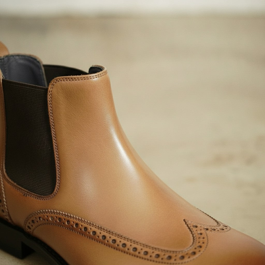 Men's Tan Wingtip Leather Chelsea Boots