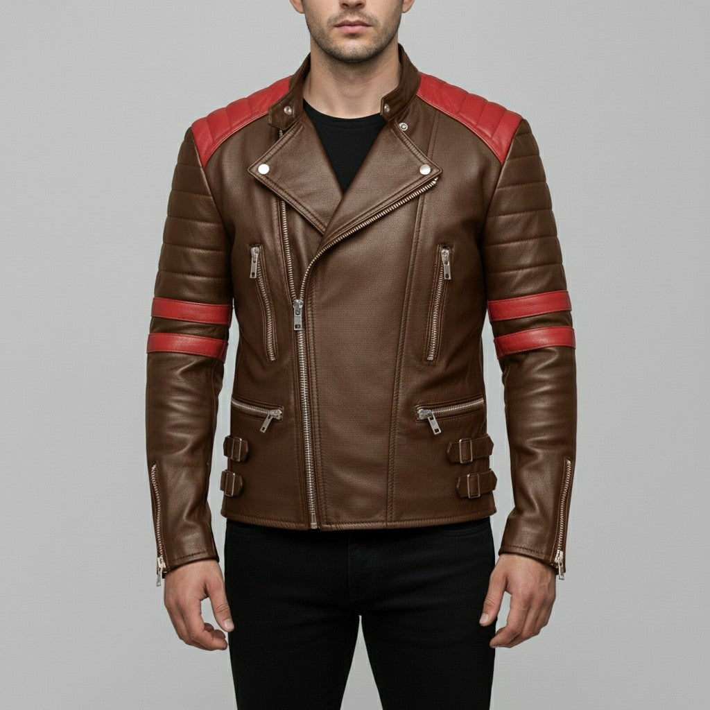 Men's Brown and Red Leather Biker Jacket