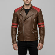 Men's Brown and Red Leather Biker Jacket