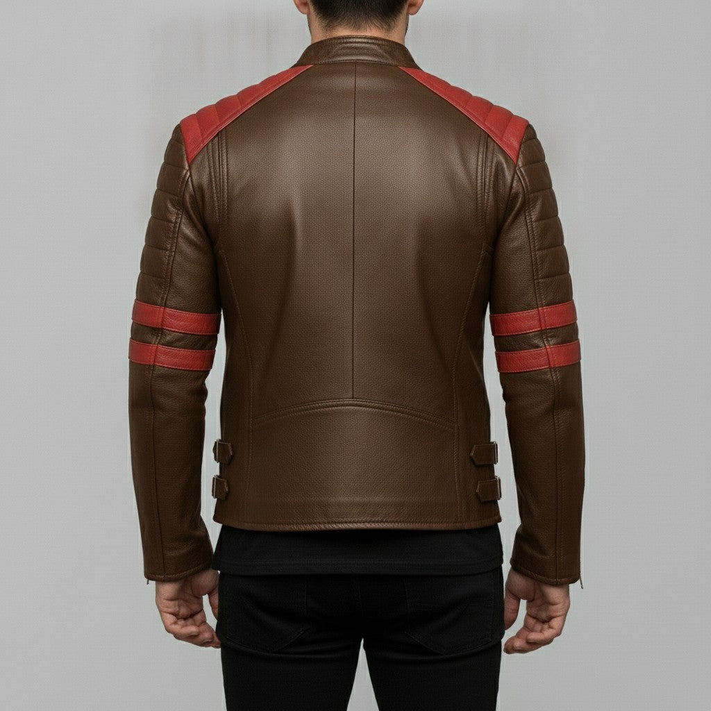 Men's Brown and Red Leather Biker Jacket