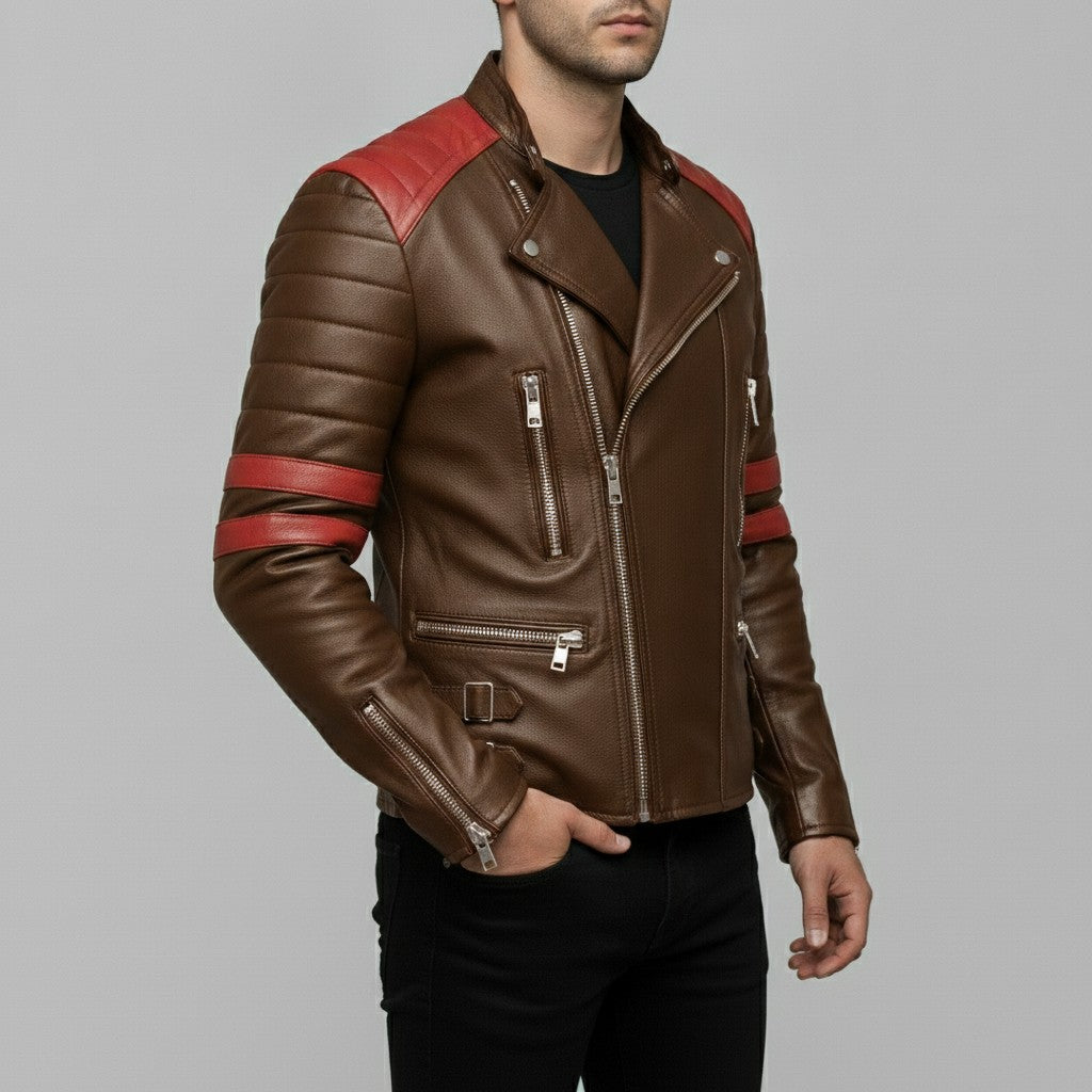 Men's Brown and Red Leather Biker Jacket
