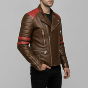Men's Brown and Red Leather Biker Jacket