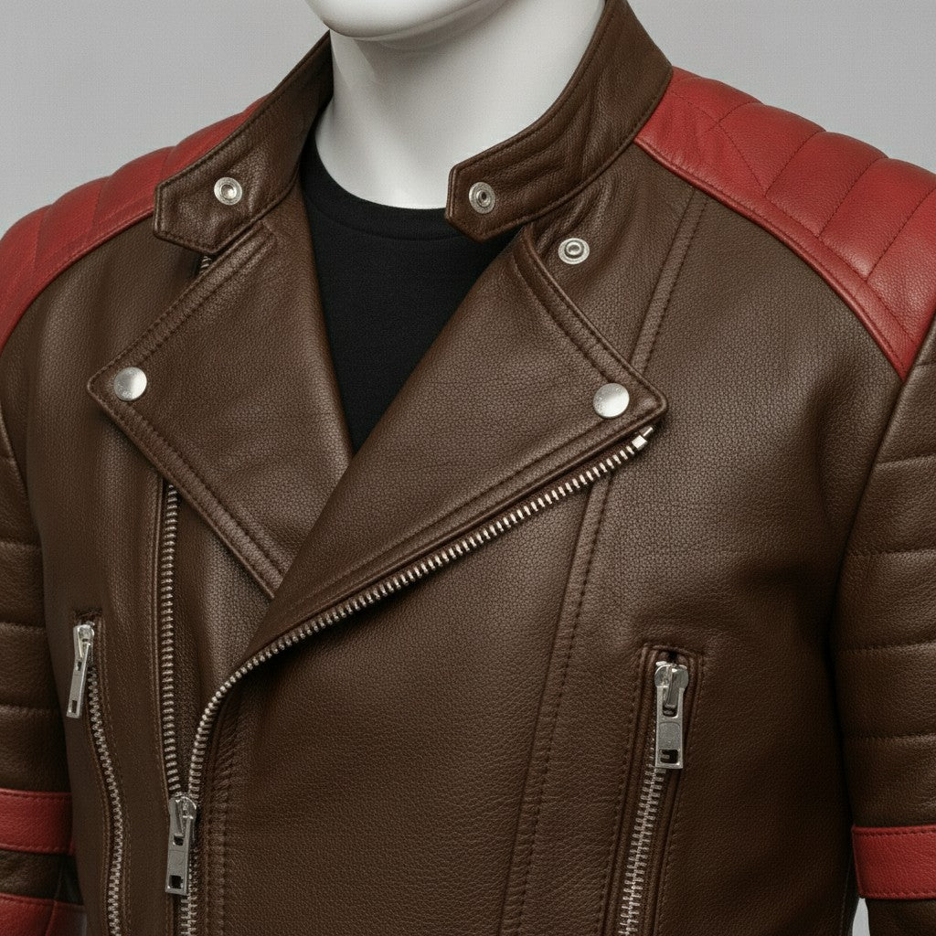 Men's Brown and Red Leather Biker Jacket