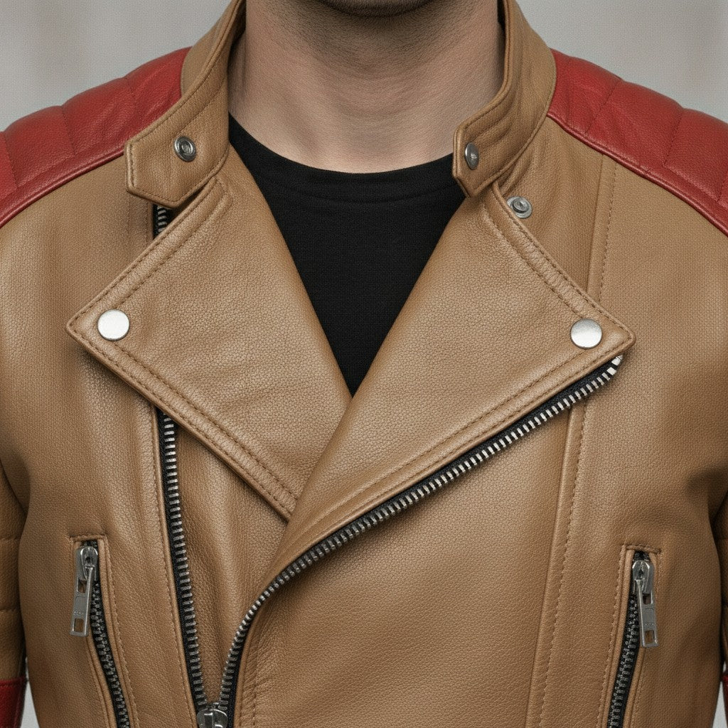 Men's Tan and Red Leather Biker Jacket