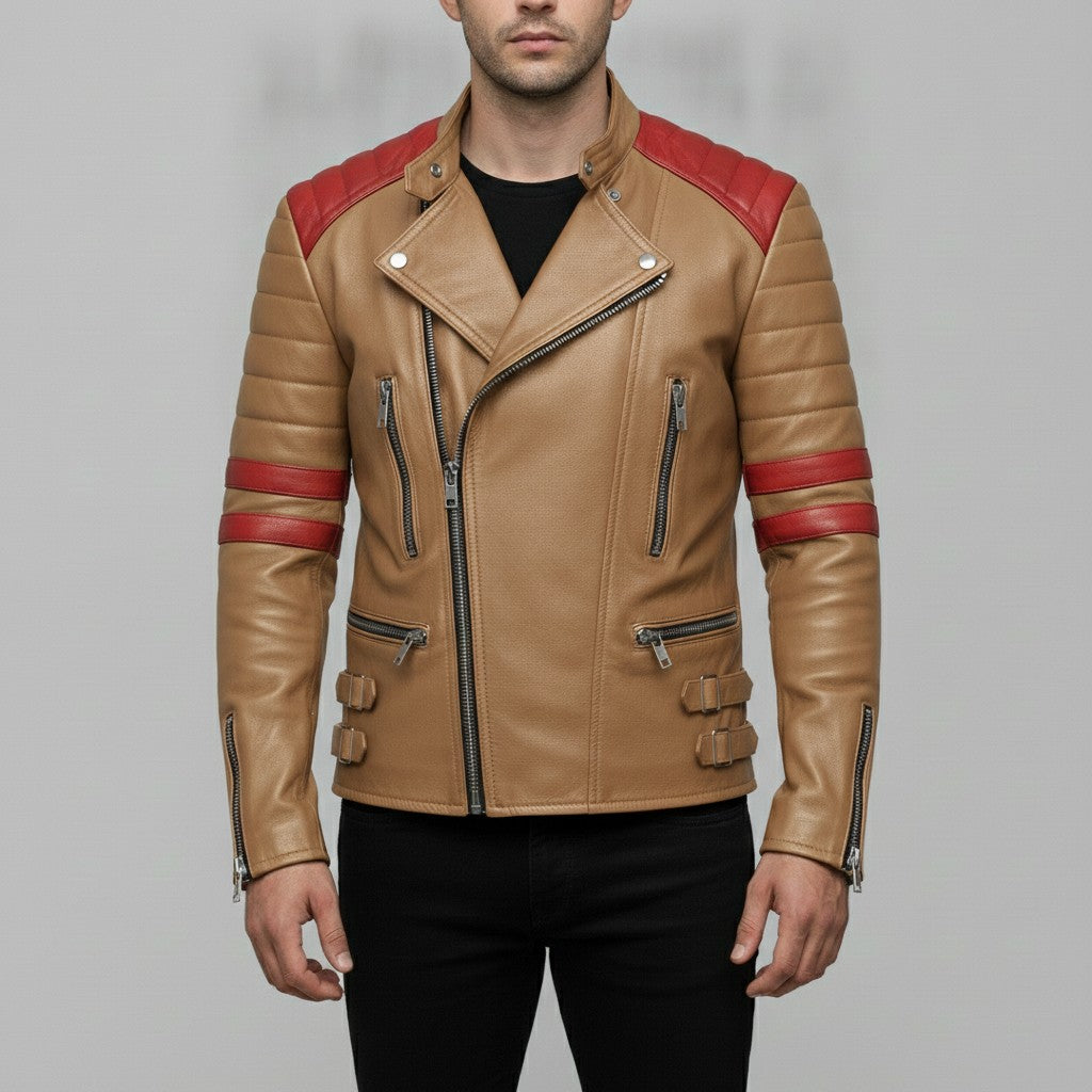 Men's Tan and Red Leather Biker Jacket