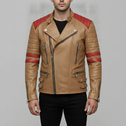 Men's Tan and Red Leather Biker Jacket