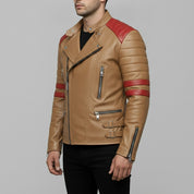 Men's Tan and Red Leather Biker Jacket