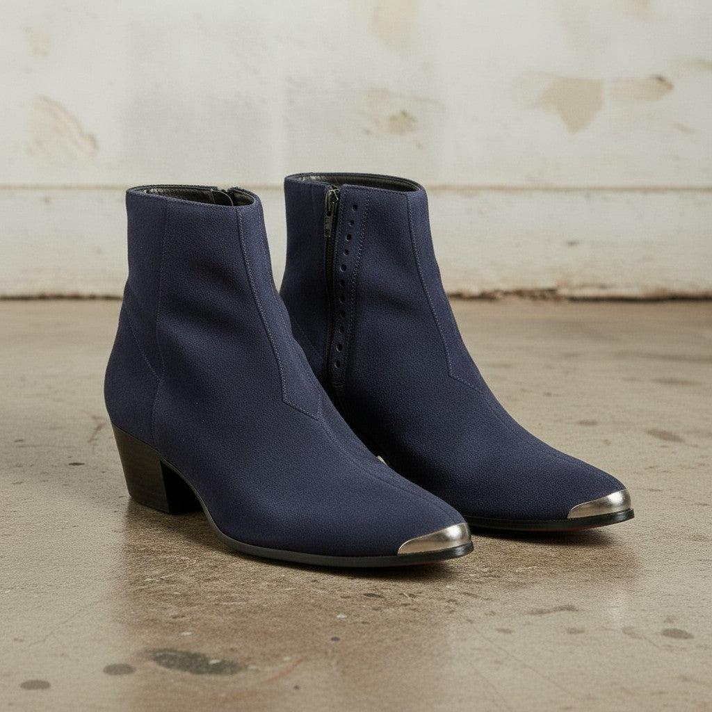 Men's Navy Blue Plain-Toe Suede Ankle Boots