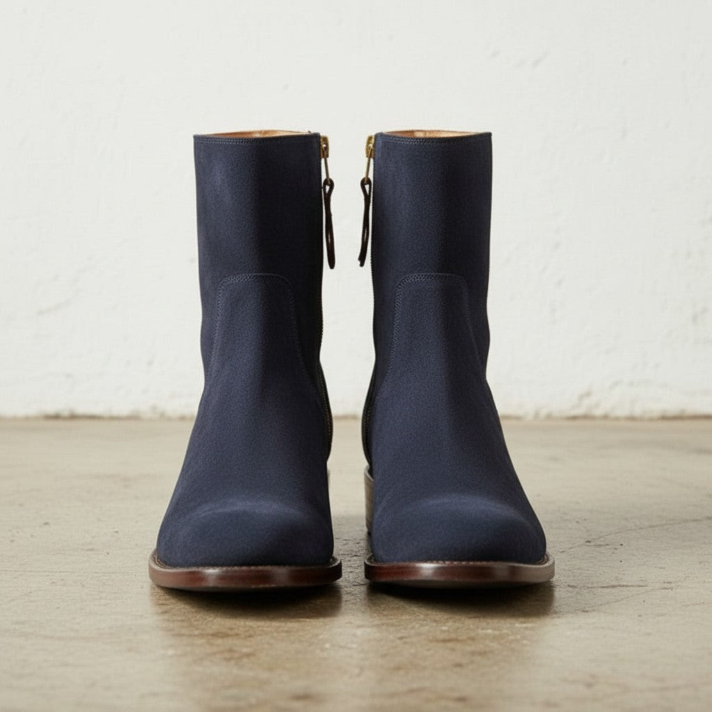Men's Navy Blue Plain-Toe Suede Ankle Boots