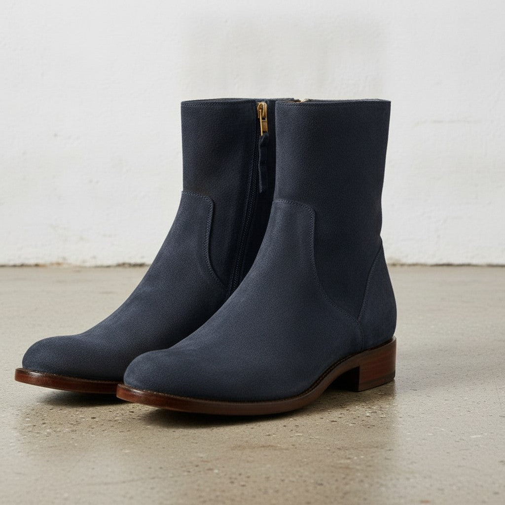 Men's Navy Blue Plain-Toe Suede Ankle Boots