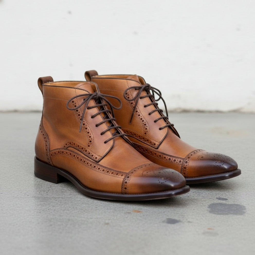 Men's Brown Cap-Toe Leather Derby Ankle Boots