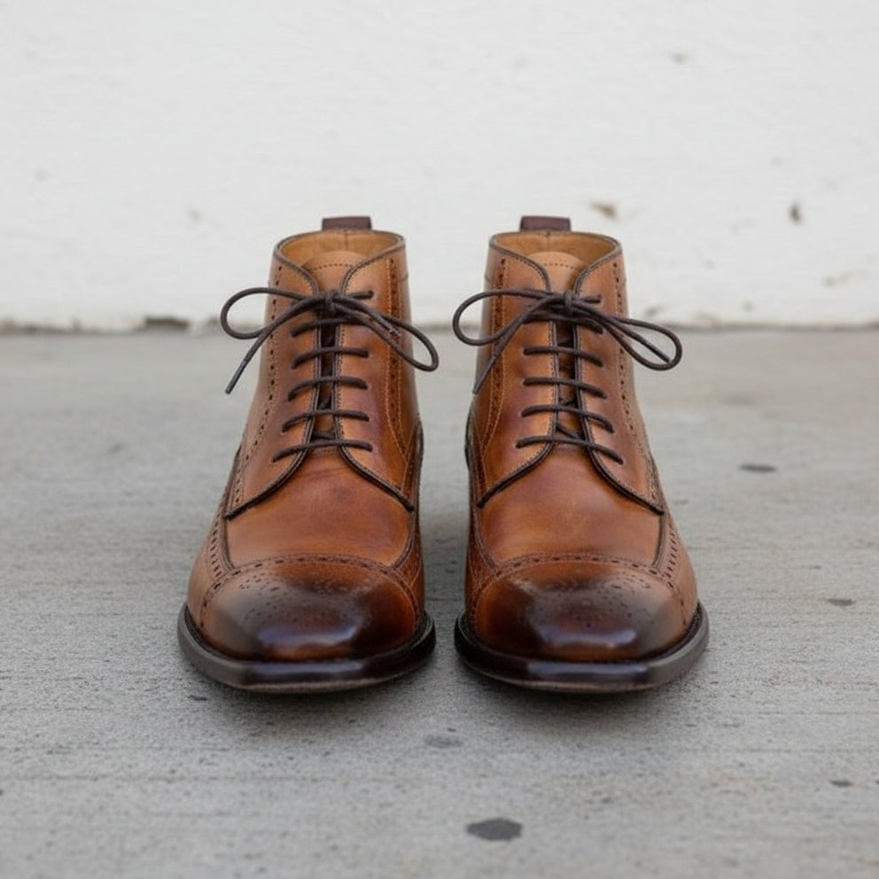 Men's Brown Cap-Toe Leather Derby Ankle Boots