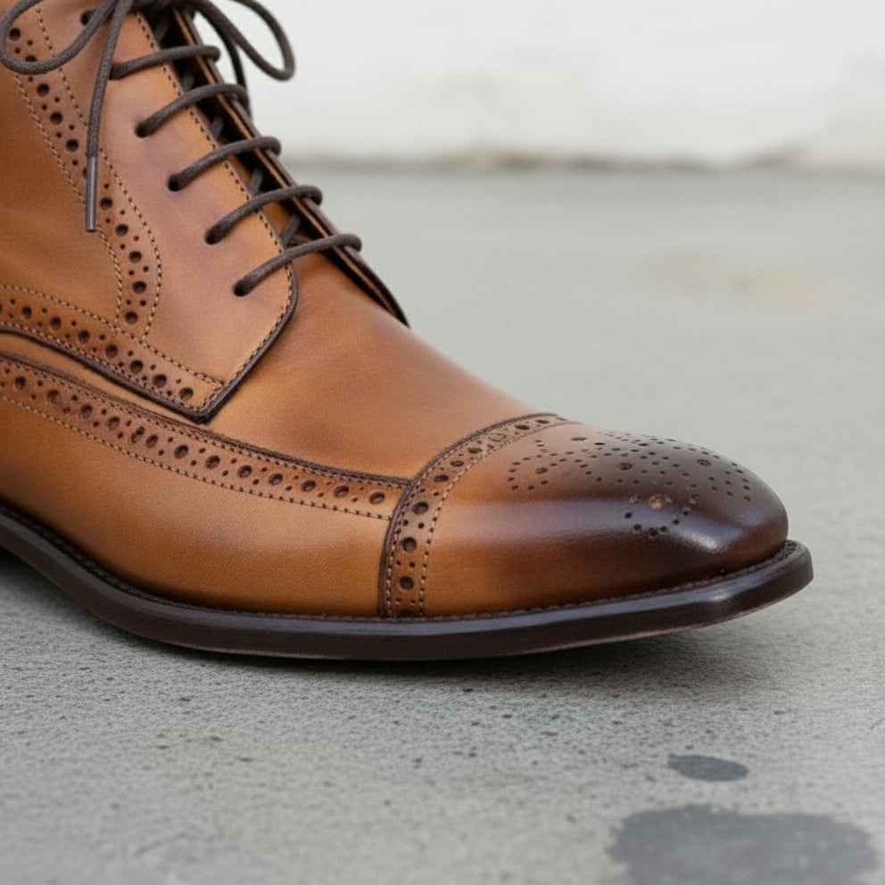 Men's Brown Cap-Toe Leather Derby Ankle Boots