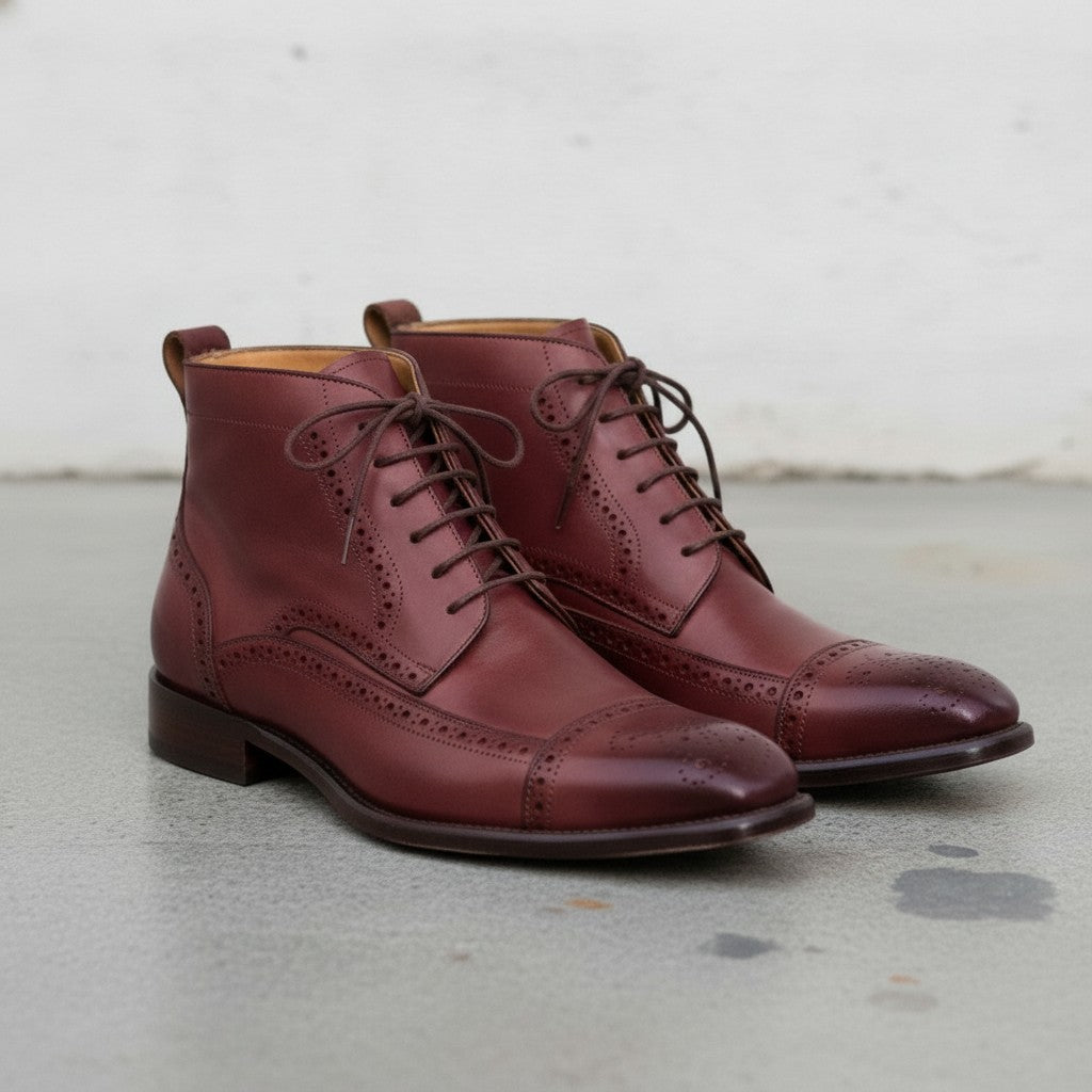Men's Burgundy Cap-Toe Leather Derby Ankle Boots