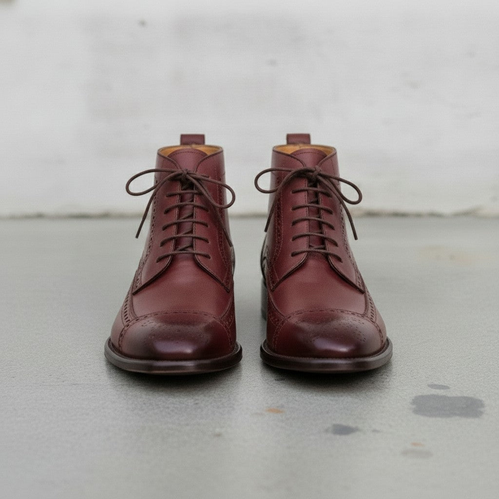 Men's Burgundy Cap-Toe Leather Derby Ankle Boots
