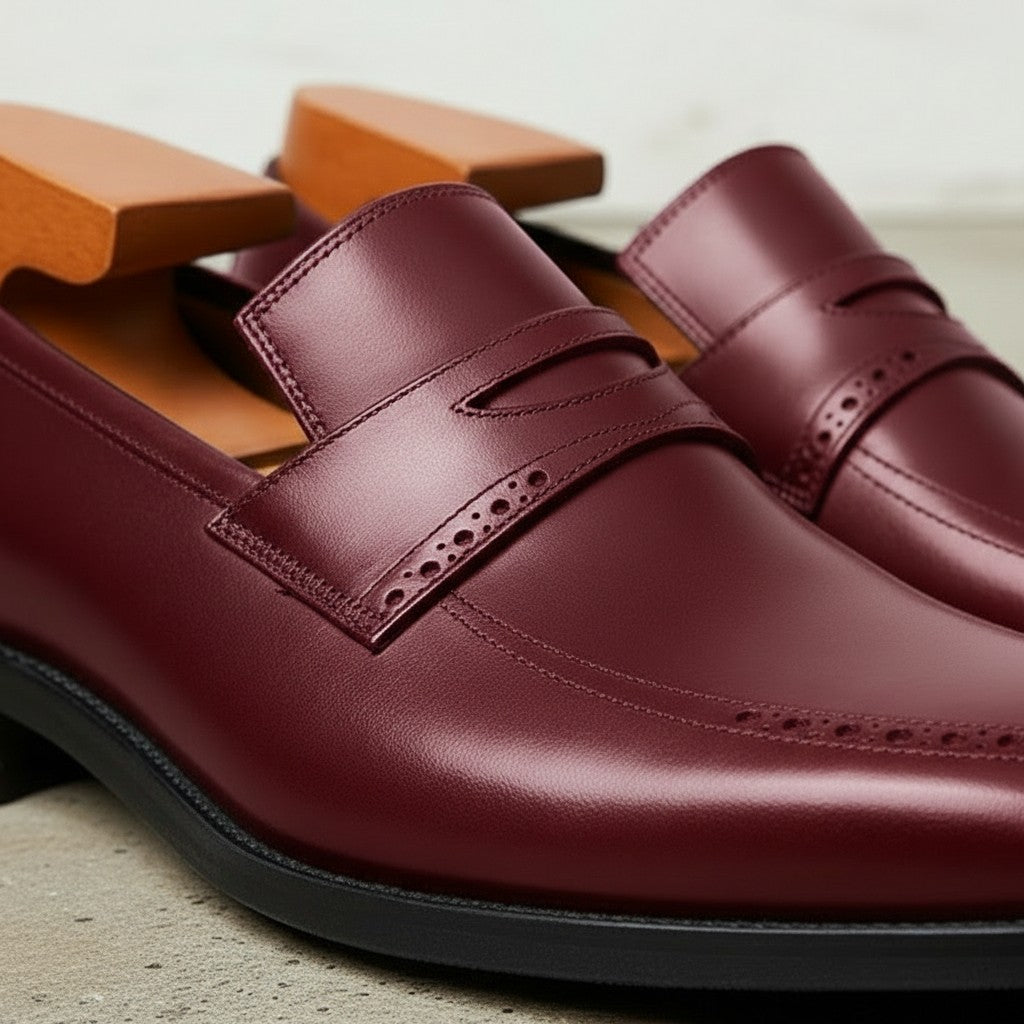 Men's Burgundy Cap-Toe Leather Penny Loafers