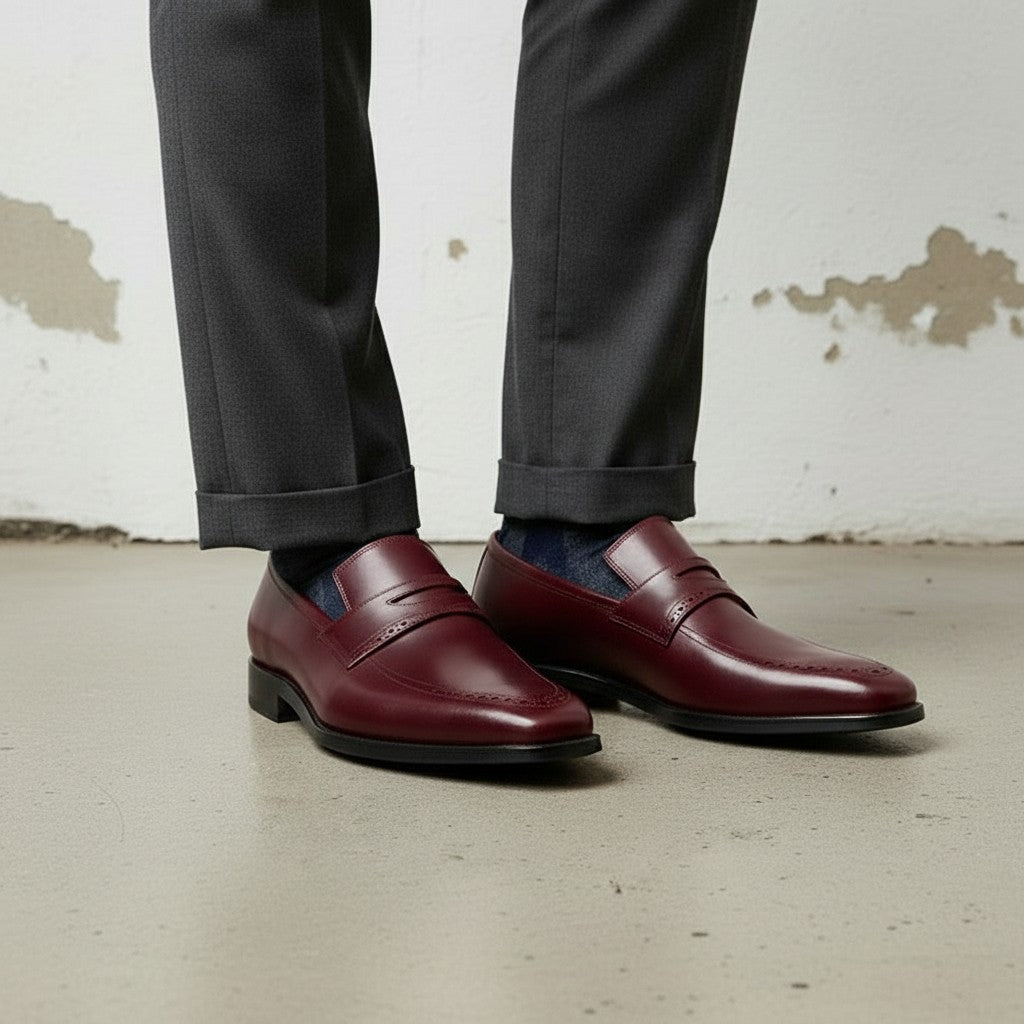 Men's Burgundy Cap-Toe Leather Penny Loafers