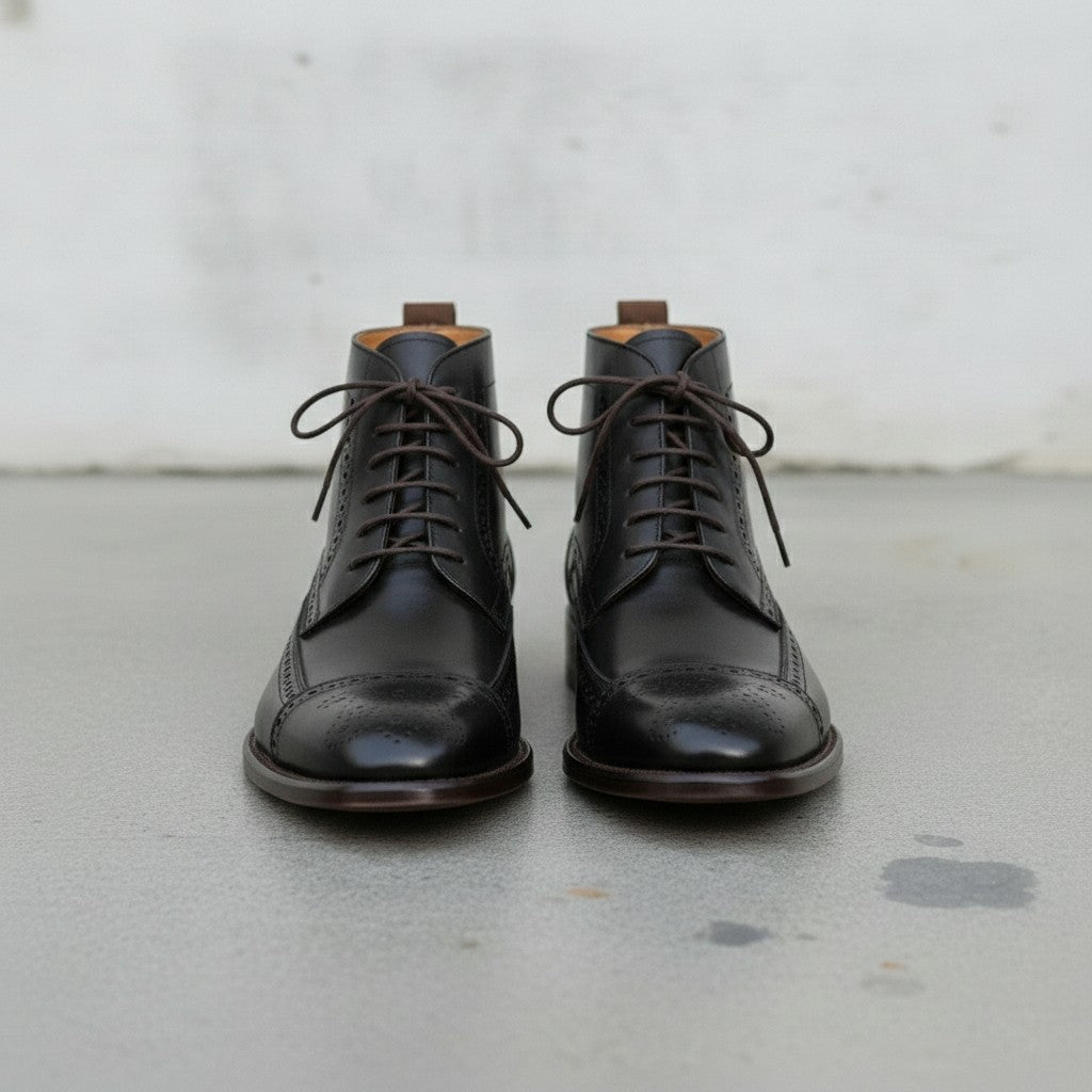 Men's Black Cap-Toe Leather Derby Ankle Boots