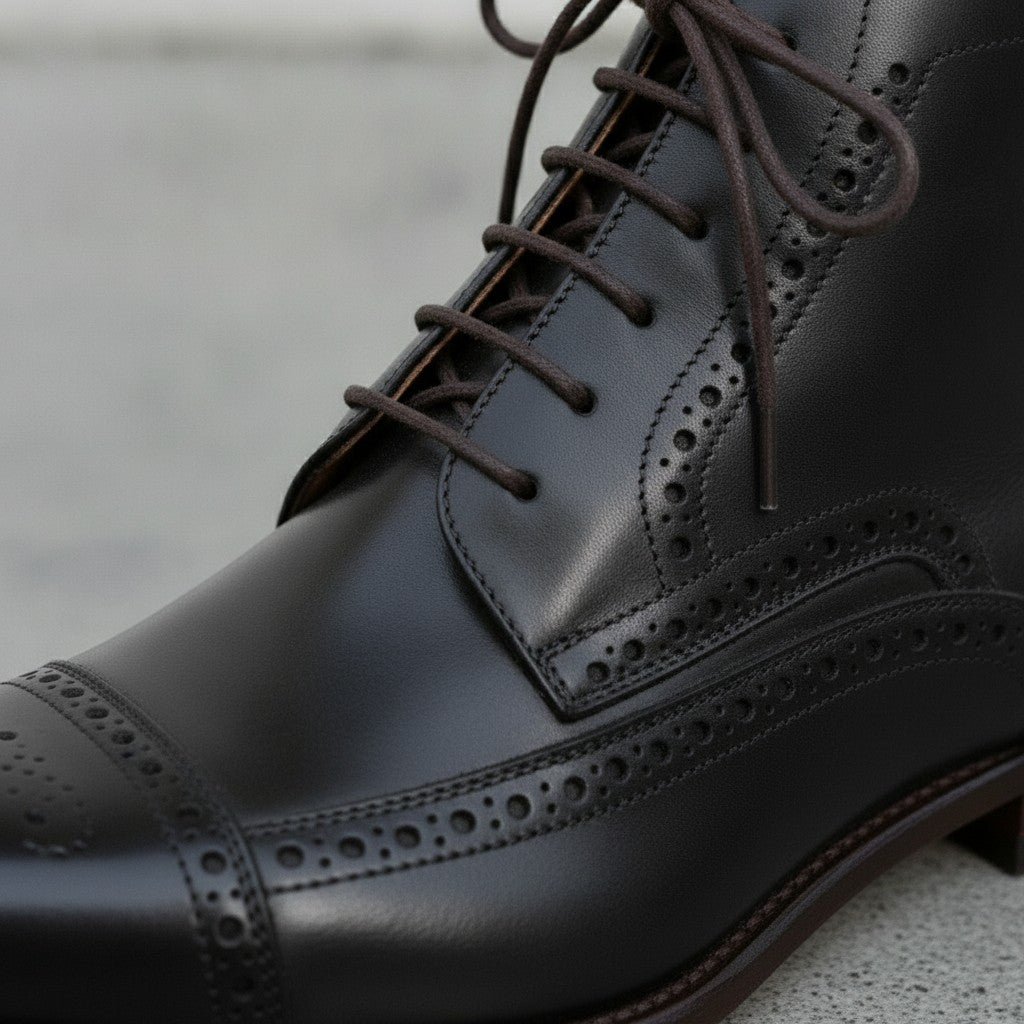 Men's Black Cap-Toe Leather Derby Ankle Boots