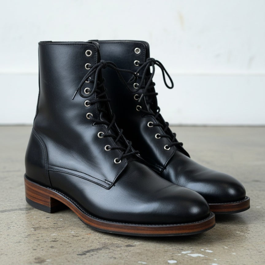 Men's Black Plain-Toe Leather Combat Boots