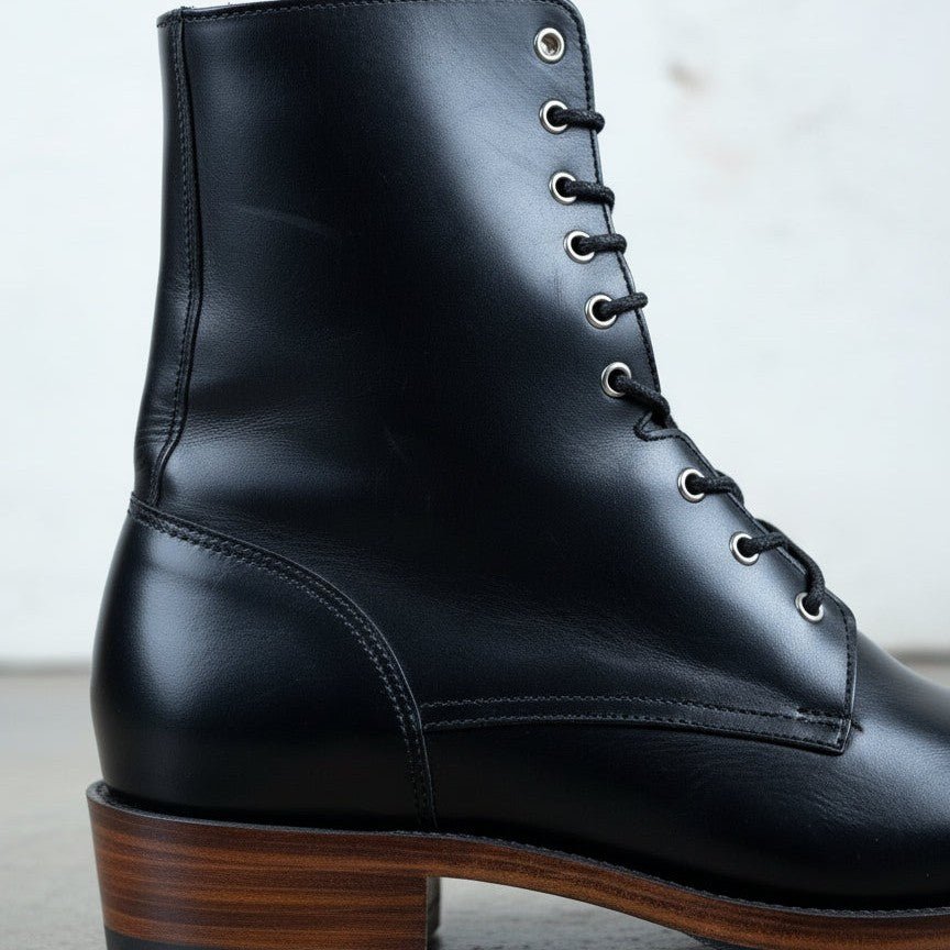 Men's Black Plain-Toe Leather Combat Boots