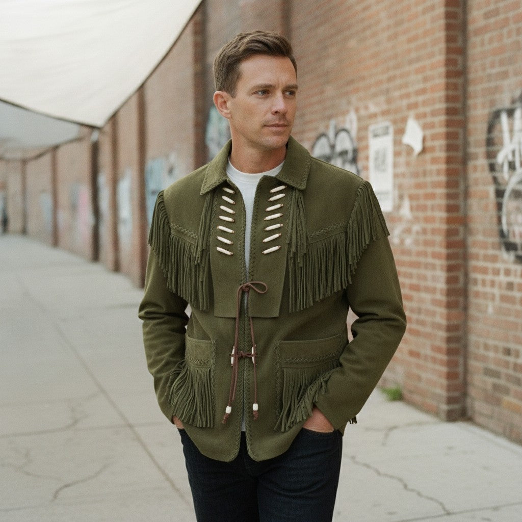 Men's Olive Green Fringed Suede Jacket