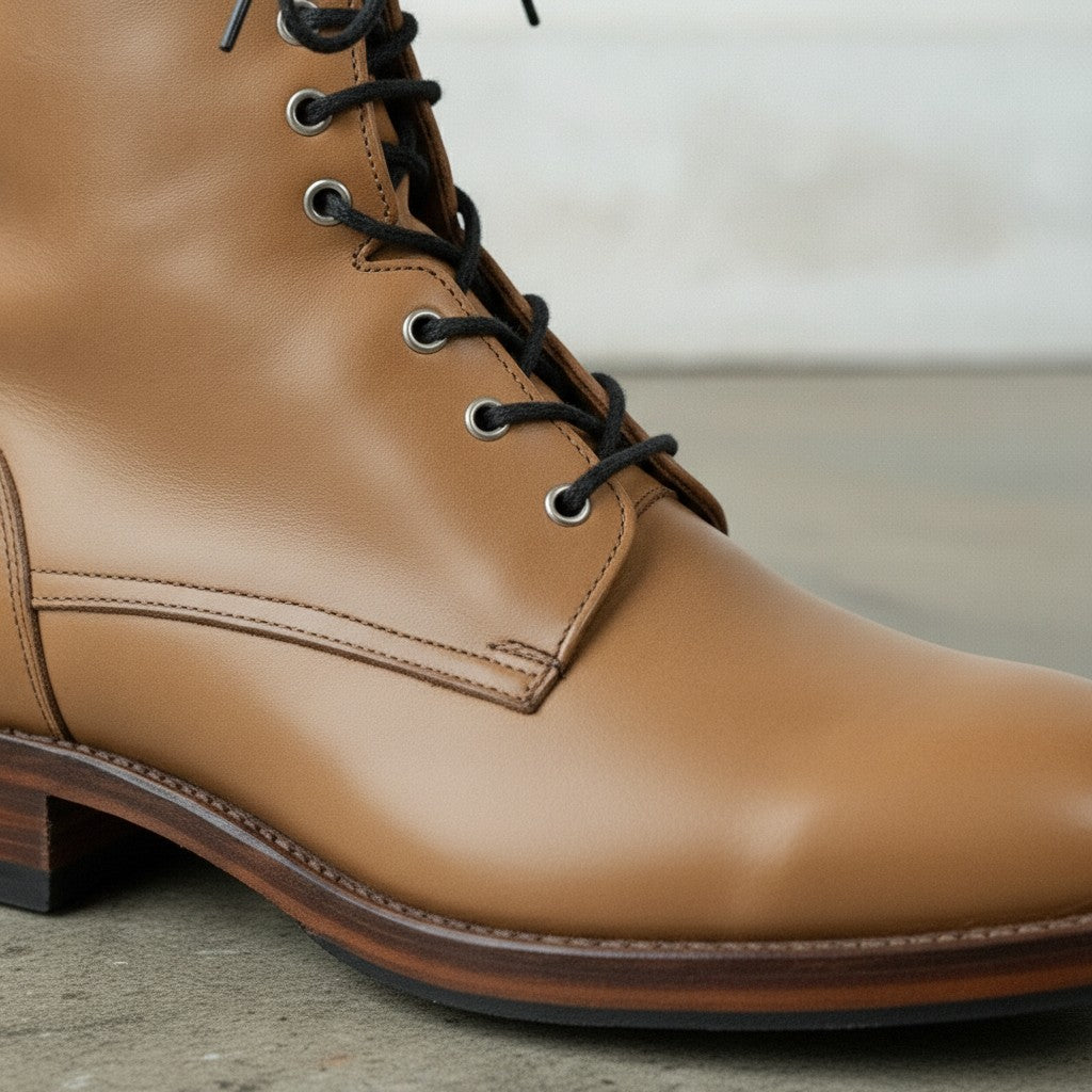 Men's Tan Plain-Toe Leather Combat Boots
