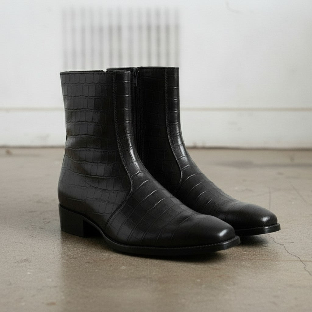 Men's Black Crocodile-Embossed Leather Ankle Boots