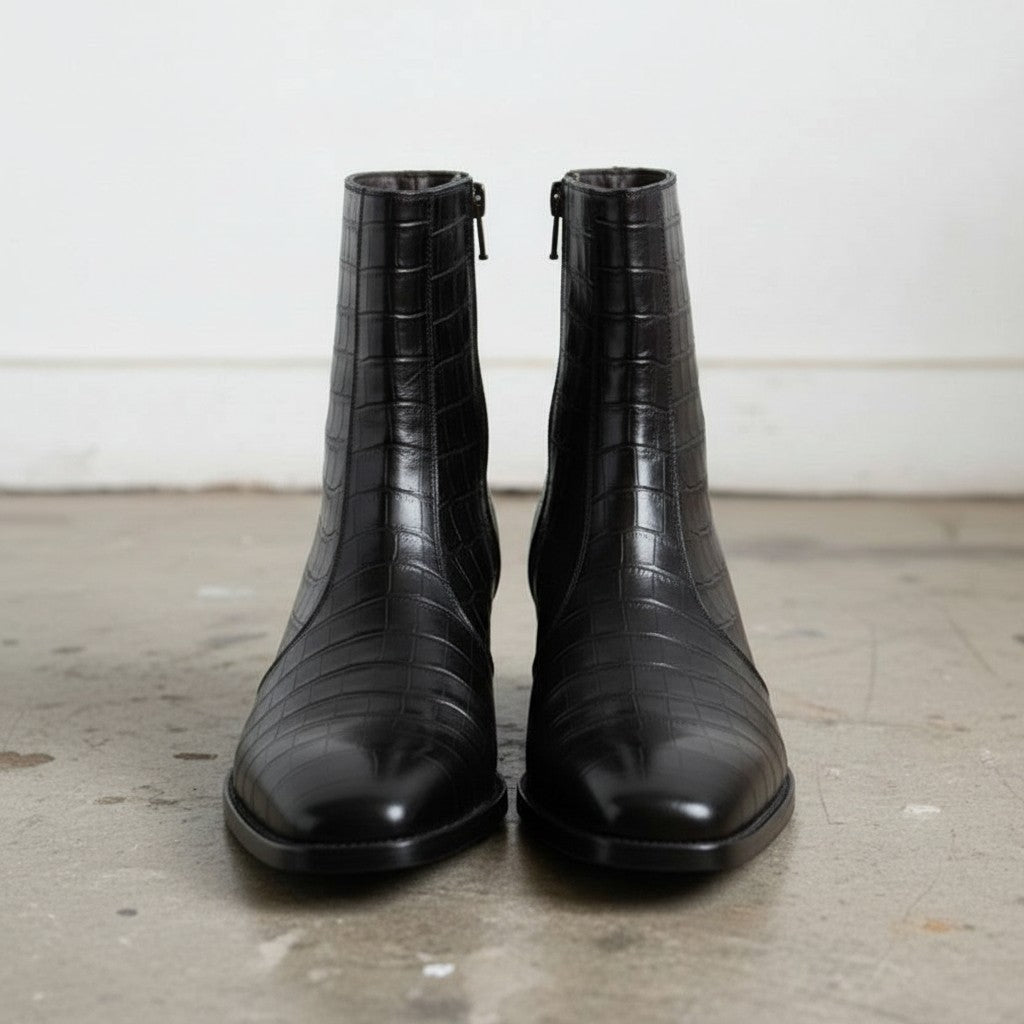 Men's Black Crocodile-Embossed Leather Ankle Boots