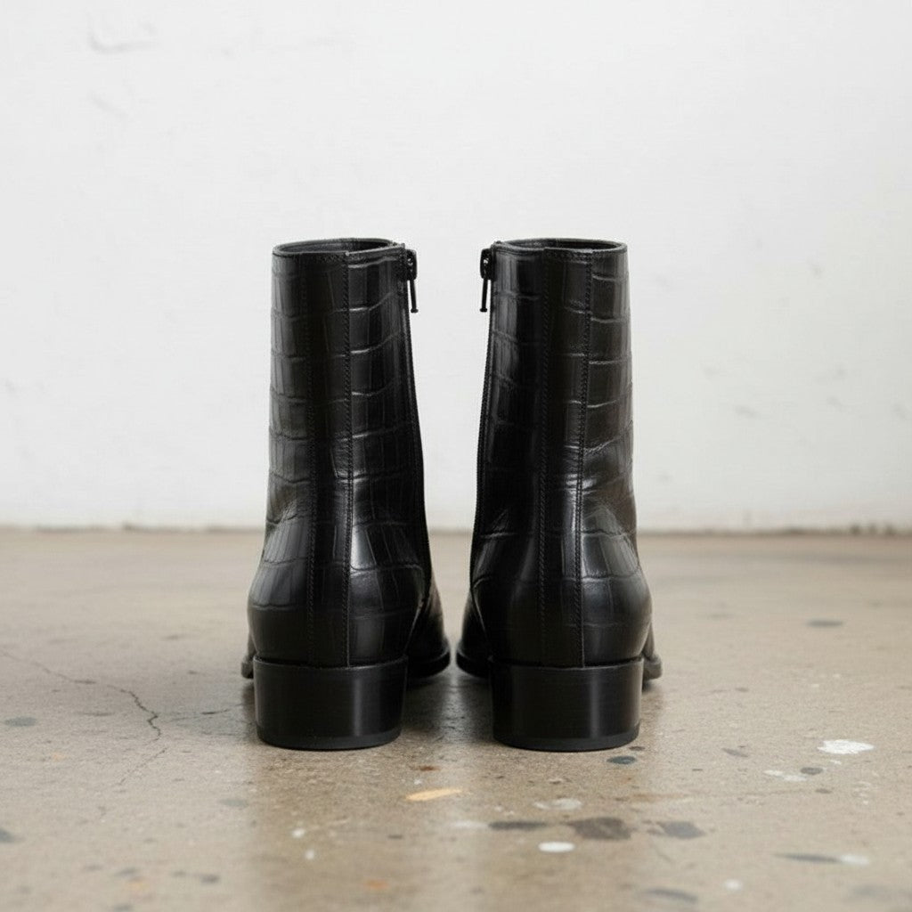 Men's Black Crocodile-Embossed Leather Ankle Boots