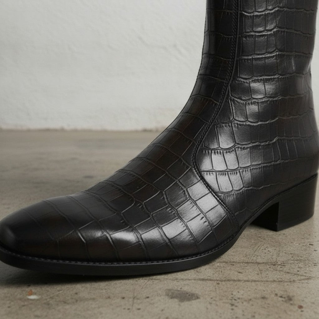 Men's Black Crocodile-Embossed Leather Ankle Boots