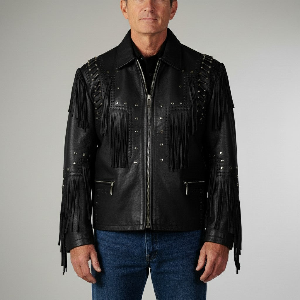 Men's Black Fringe Leather Biker Jacket