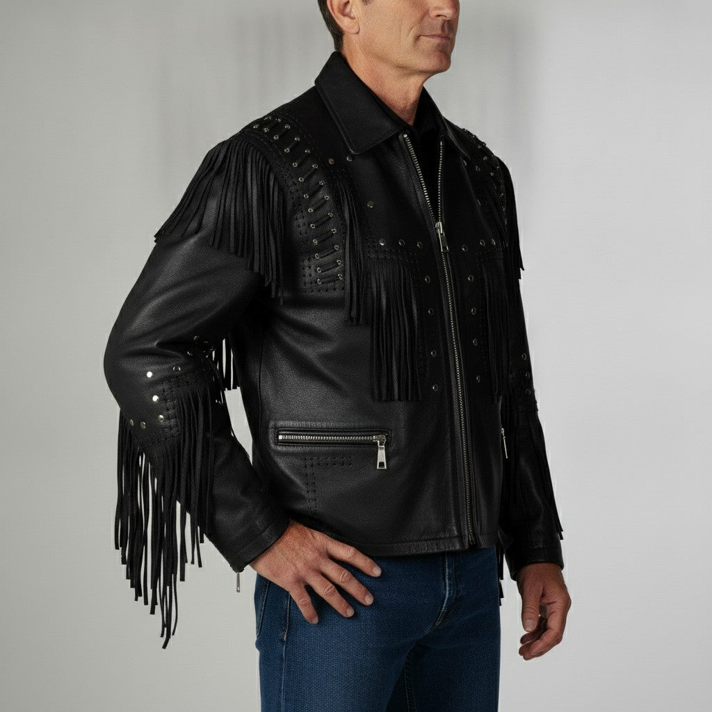 Men's Black Fringe Leather Biker Jacket