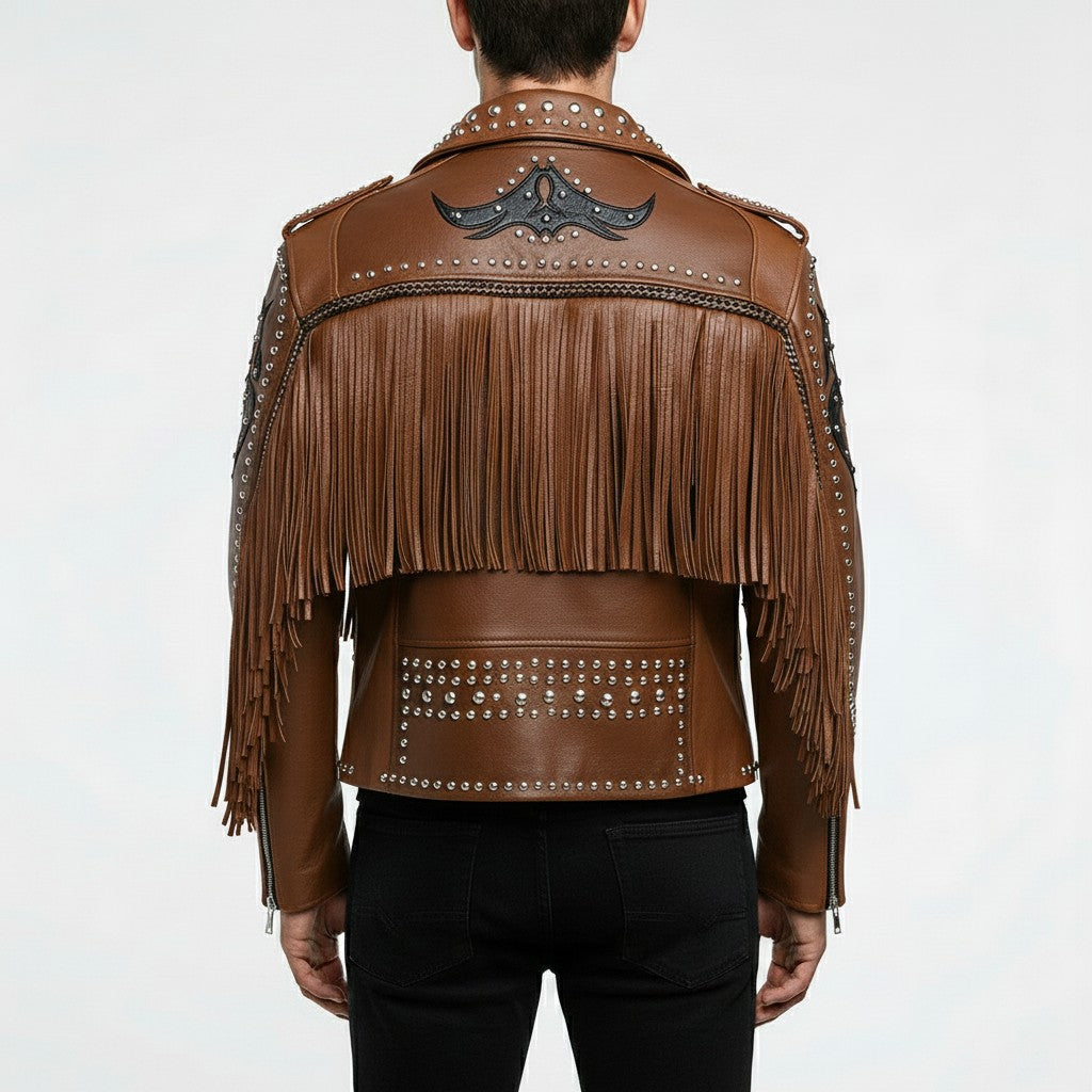 Men's Brown and Black Studded Leather Biker Jacket