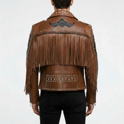 Men's Brown and Black Studded Leather Biker Jacket