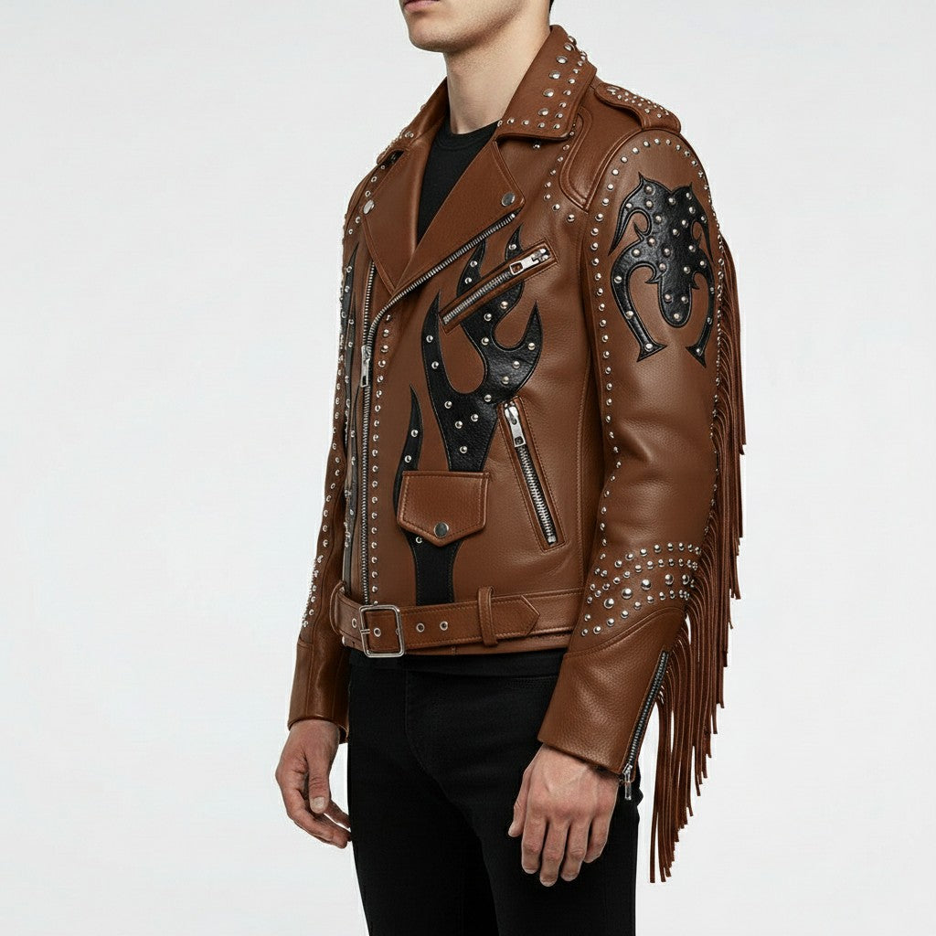 Men's Brown and Black Studded Leather Biker Jacket