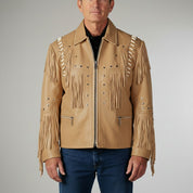 Men's Tan Fringe Leather Biker Jacket