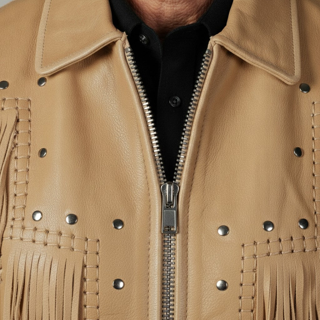 Men's Tan Fringe Leather Biker Jacket