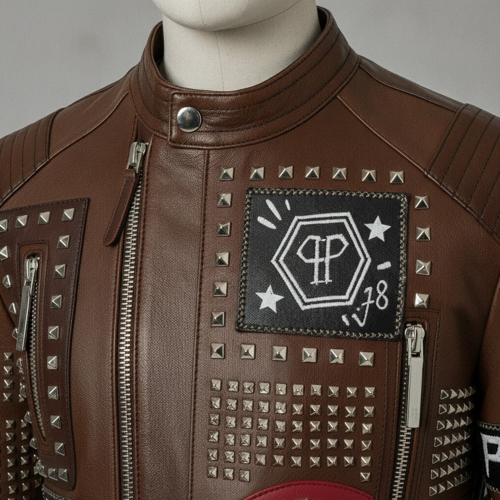 Men's Brown Diamond Studded Leather Biker Jacket