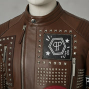 Men's Brown Diamond Studded Leather Biker Jacket