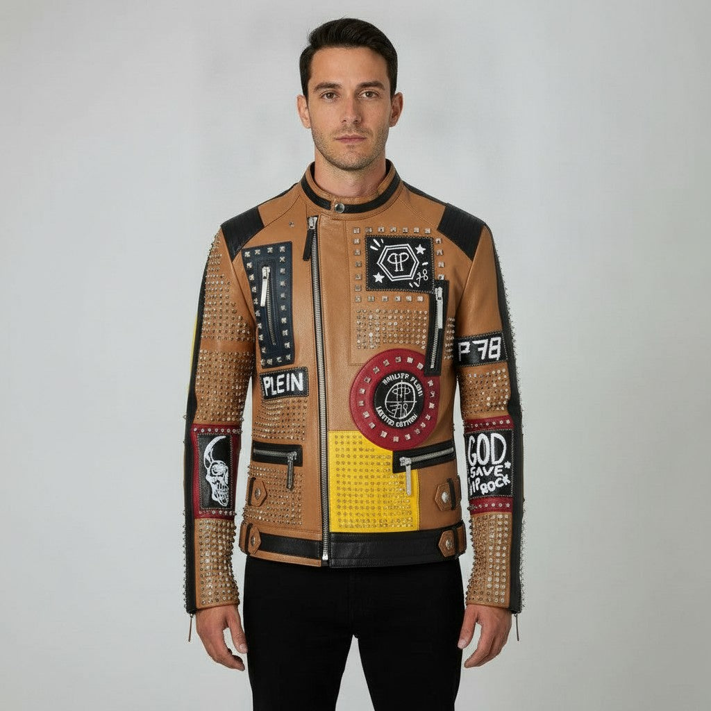 Men's Tan Diamond Studded Leather Biker Jacket With Multicolor Patches Detail