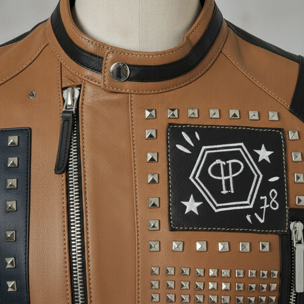 Men's Tan Diamond Studded Leather Biker Jacket With Multicolor Patches Detail