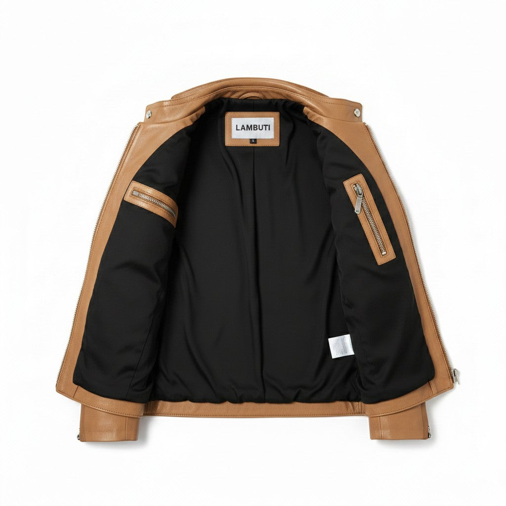 Men's Tan Diamond Studded Leather Biker Jacket With Multicolor Patches Detail