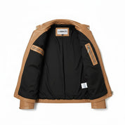 Men's Tan Diamond Studded Leather Biker Jacket With Multicolor Patches Detail